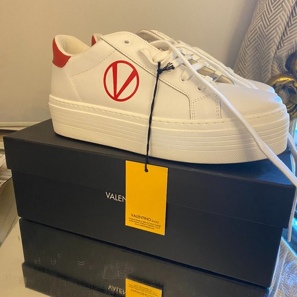 New Valentino Women'sSelaLeather Platform Sneakers In White Red, Size:10
